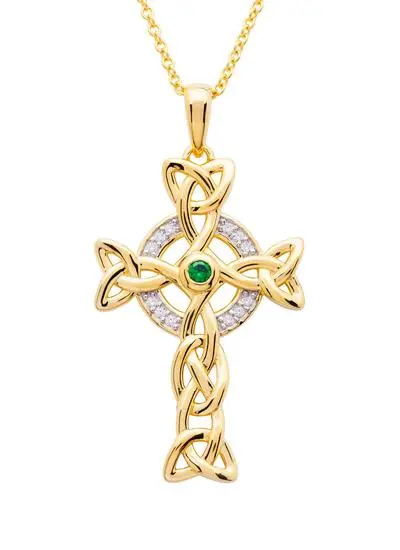 White background cut out shot of 14Ct Gold Vermeil Celtic Cross Pendant with White 